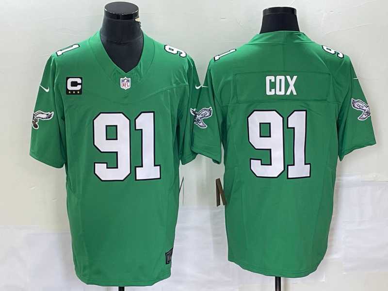 Mens Philadelphia Eagles #91 Fletcher Cox Green C Patch 2023 FUSE Vapor Limited Throwback Stitched Jersey